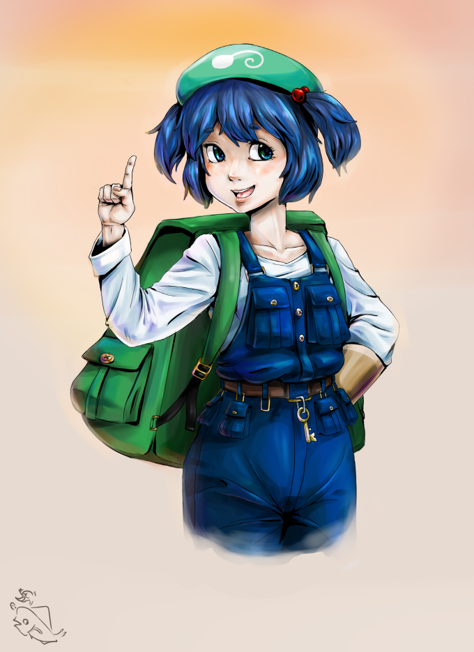 1girl, backpack, bag, blue_eyes, blue_hair, hat, hold111, kawashiro_nitori