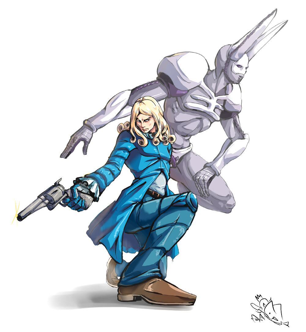 2boys, blonde_hair, curly_hair, dirty_deeds_done_dirt_cheap, funny_valentine, gun, hold111, jojo_no_kimyou_na_bouken