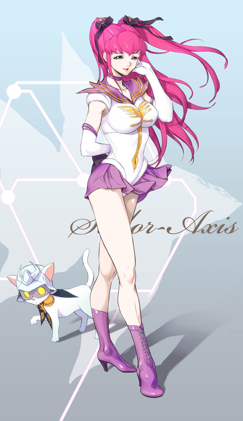 absurdres, artemis_(sailor_moon)_(cosplay), axis_(gundam), bishoujo_senshi_sailor_moon, blue_eyes, boots, bow, cat