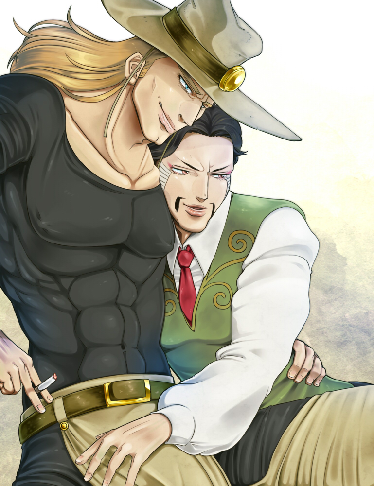 2boys, black_hair, blonde_hair, cigarette, cowboy_hat, daniel_d'arby, facial_hair, hat