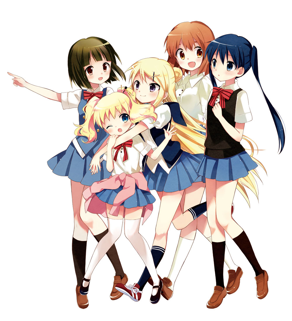 5girls, alice_carteret, black_hair, blonde_hair, blue_eyes, blue_hair, blush, bow, brown_eyes, clothes_around_waist, hara_yui, hug, inokuma_youko, kin'iro_mosaic, komichi_aya, kujou_karen, long_hair, multiple_girls, oomiya_shinobu, orange_hair, pointing, school_uniform, shirt_around_waist, short_hair, simple_background, skirt, violet_eyes, wink