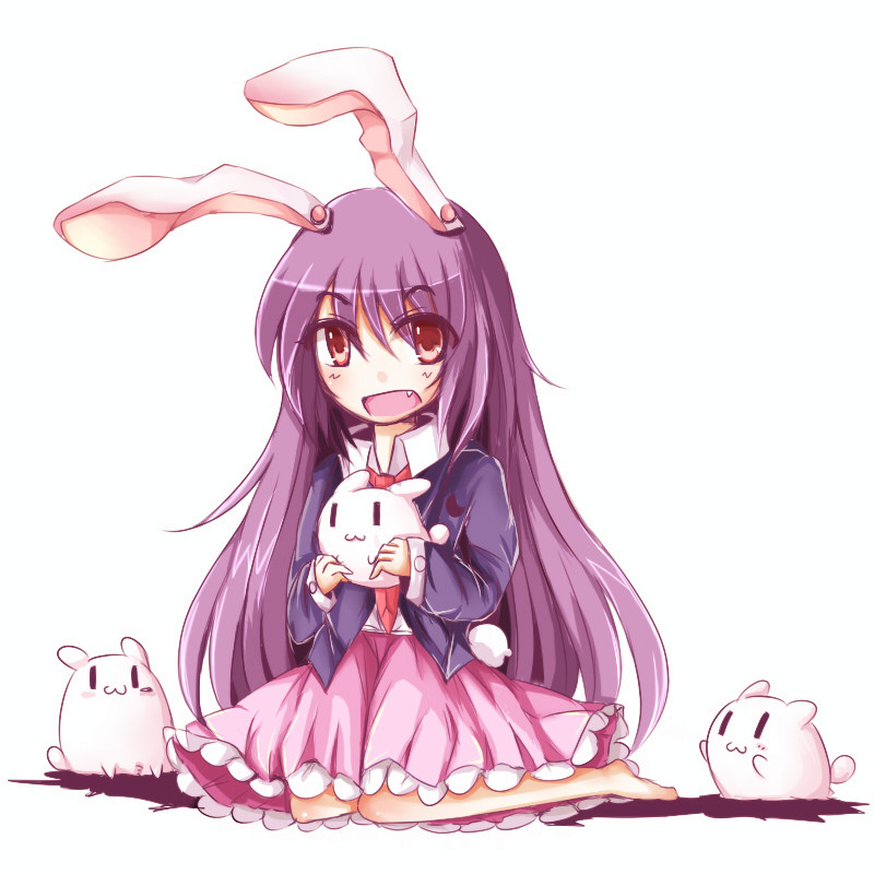 1girl, :3, animal_ears, barefoot, bunny_tail, crescent, dress_shirt, fang