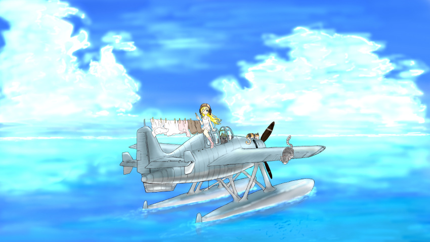 absurdres, airplane, cat, chemise, clothes_pin, clouds, gripen, grumman_f4f