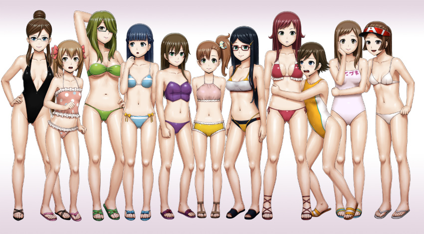 6+girls, akana_rui, arm_up, bare_shoulders, bikini, black_hair, blue_eyes, blue_hair