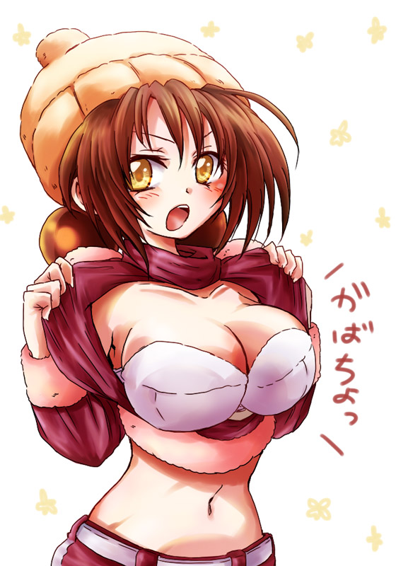1girl, belt, breasts, brown_hair, bust, hat, koga_itami, large_breasts, looking_at_viewer, medaka_box, navel, open_clothes, open_mouth, open_shirt, solo, translation_request, unya, yellow_eyes