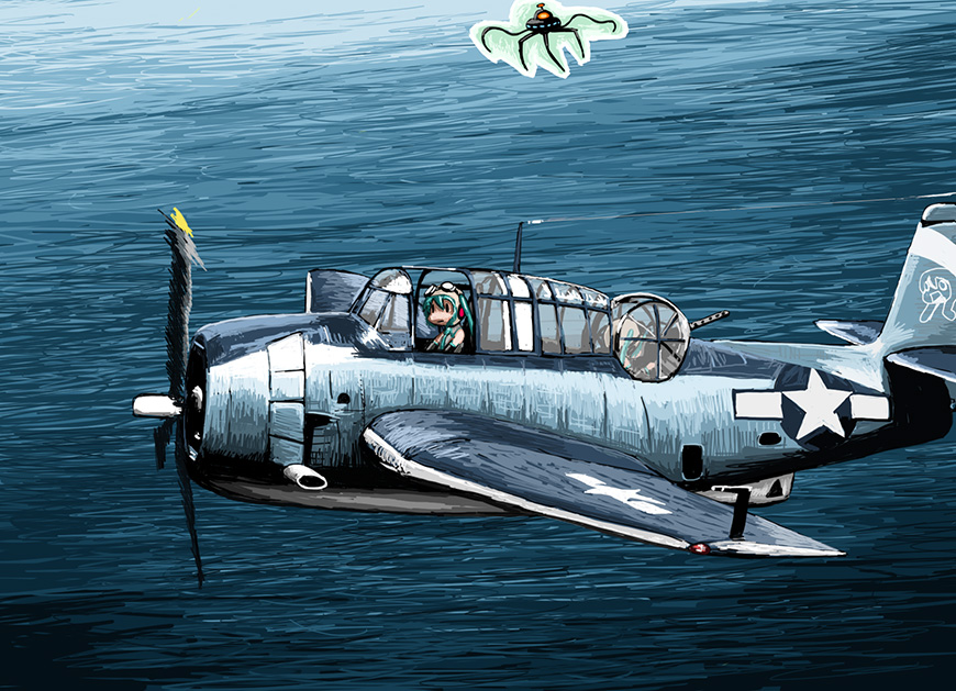 airplane, goggles, grumman_tbf_avenger, hatsune_miku, helmet, military, rxjx, ufo