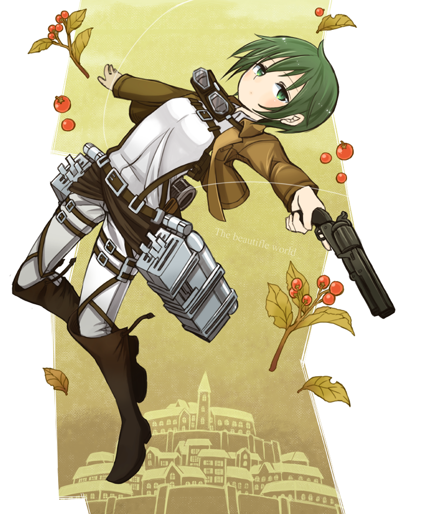 1girl, belt, boots, cosplay, expressionless, goggles, green_eyes, green_hair, gun, jacket, kino, kino_no_tabi, leaf, military, military_uniform, morimaiko, plan, ranguage, revolver, shingeki_no_kyojin, short_hair, solo, three-dimensional_maneuver_gear, tomato, trigger_discipline, uniform, weapon