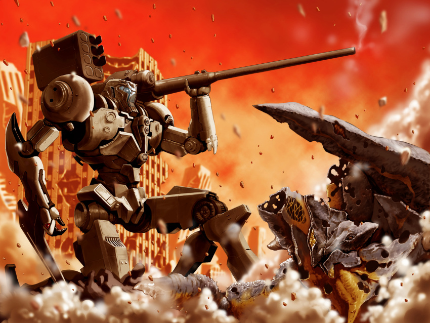 cannon, city, corpse, coyote_tango, highres, kaijuu, mecha, monster, noq, onibaba, pacific_rim, ruins, sky, super_robot
