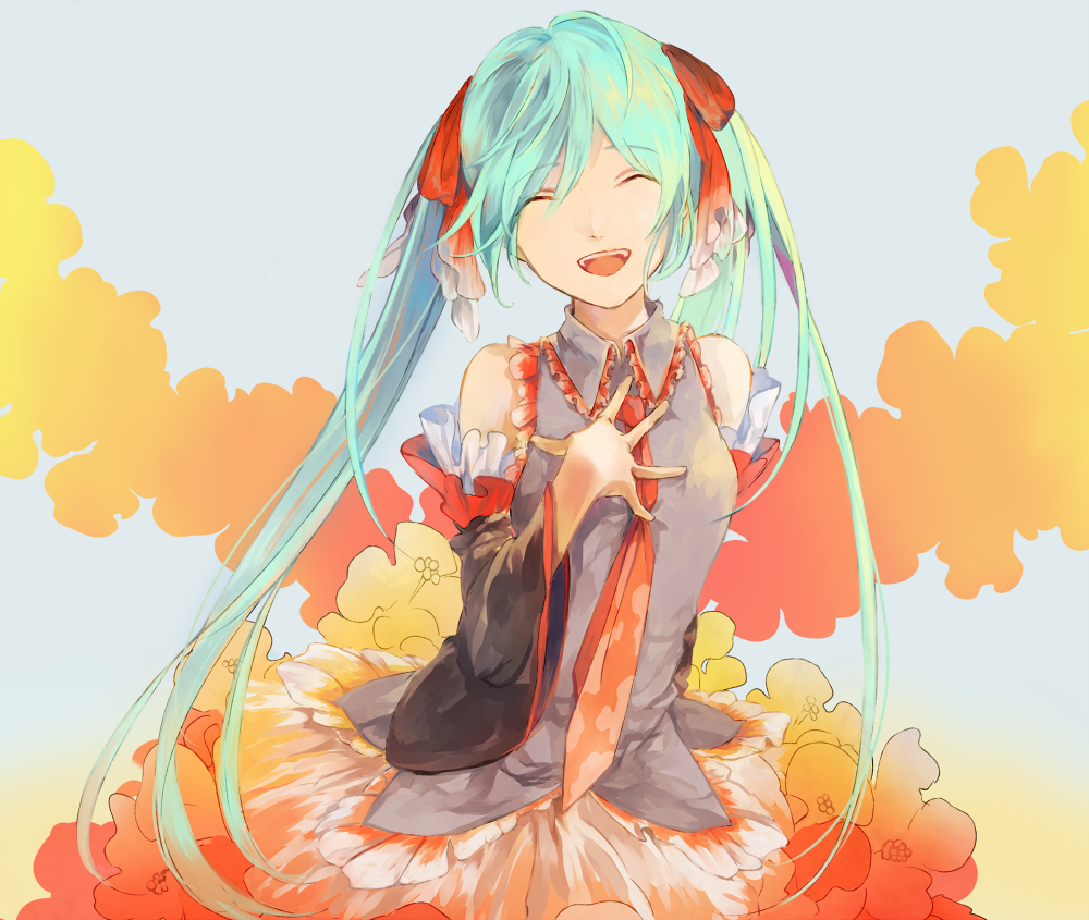 1girl, aqua_hair, closed_eyes, detached_sleeves, hair_ribbon, hand_on_own_chest, hatsune_miku, long_hair