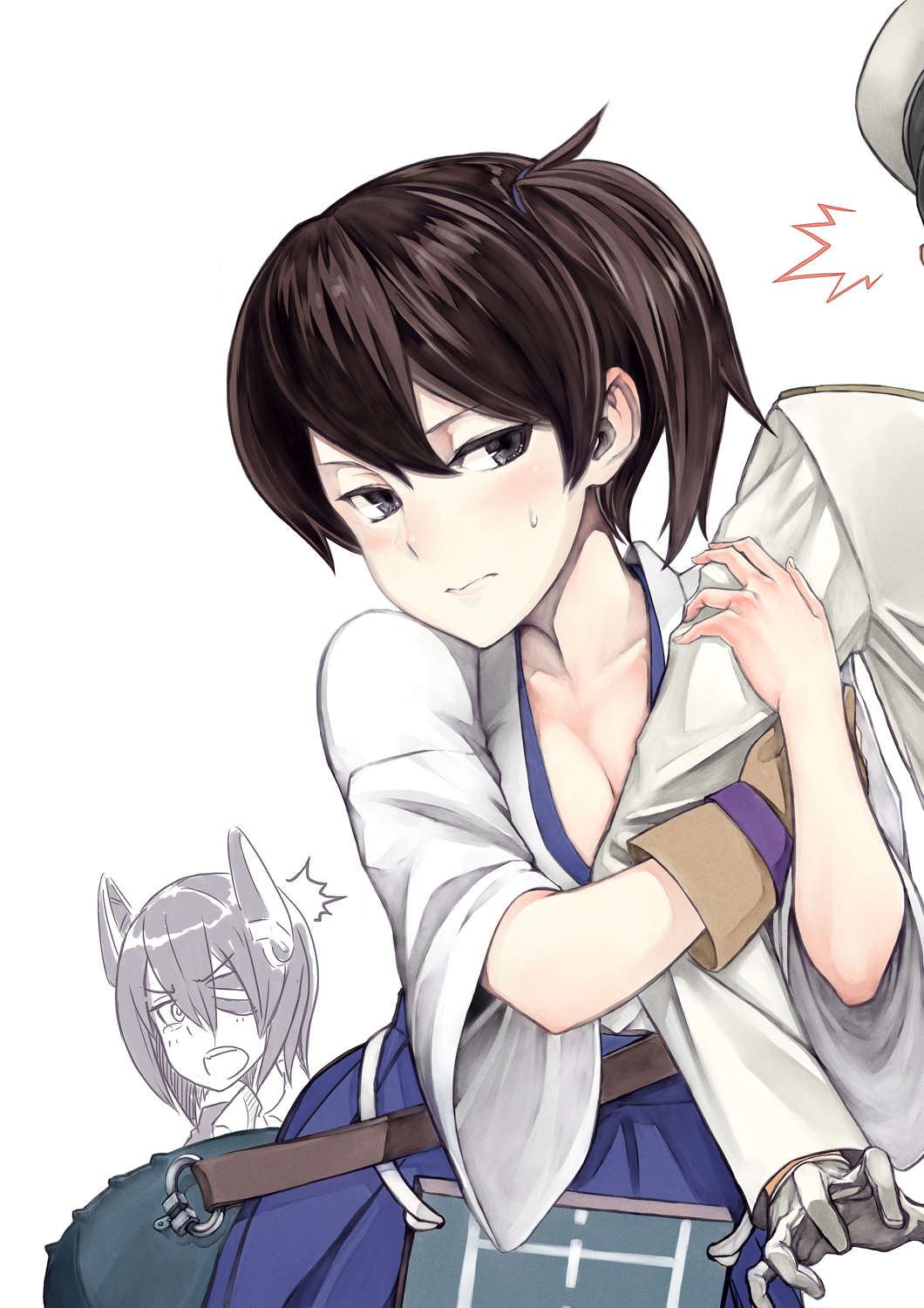 /\/\/\, 1boy, 2girls, admiral_(kantai_collection), arm_hug, black_eyes, breasts, brown_hair