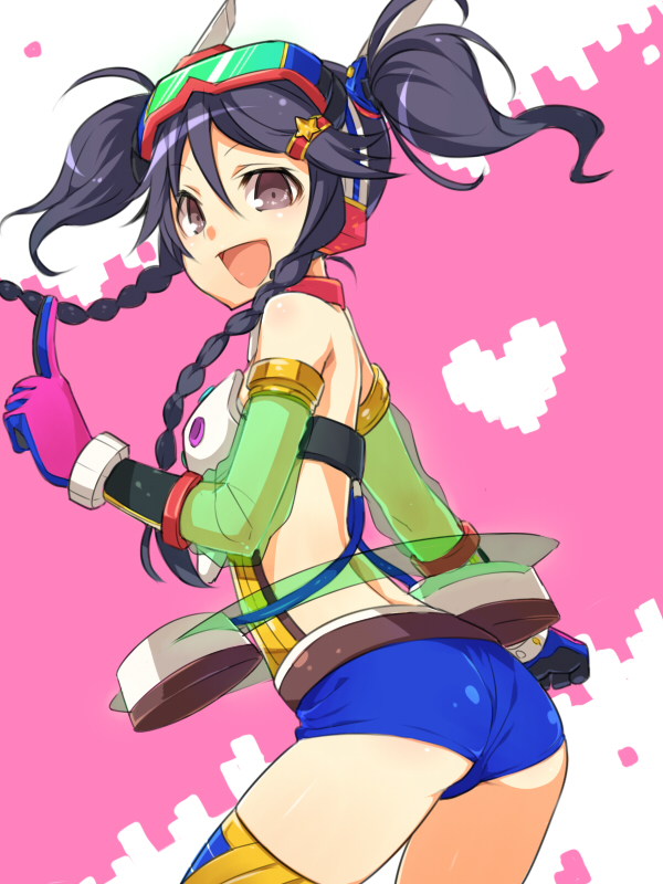 1girl, ass, bare_shoulders, black_hair, braid, brown_eyes, gloves, hair_ornament