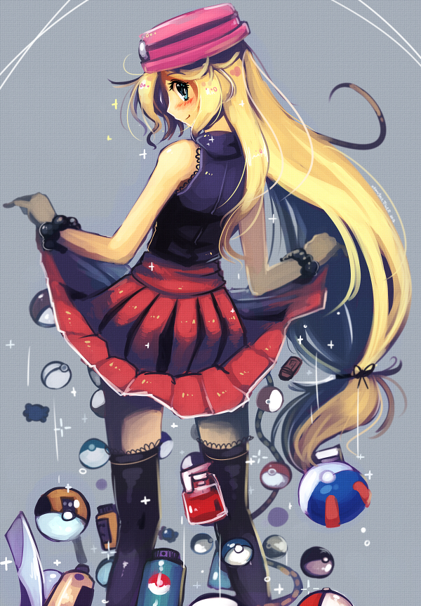 1girl, artist_request, bakemonogatari, black_legwear, blonde_hair, derivative_work, dress, dress_lift, from_behind, hat, monogatari_(series), parody, poke_ball, pokemon, pokemon_(game), pokemon_xy, saitou_chiwa, seiyuu_connection, senjougahara_hitagi, serena_(pokemon), sleeveless, solo, thighhighs