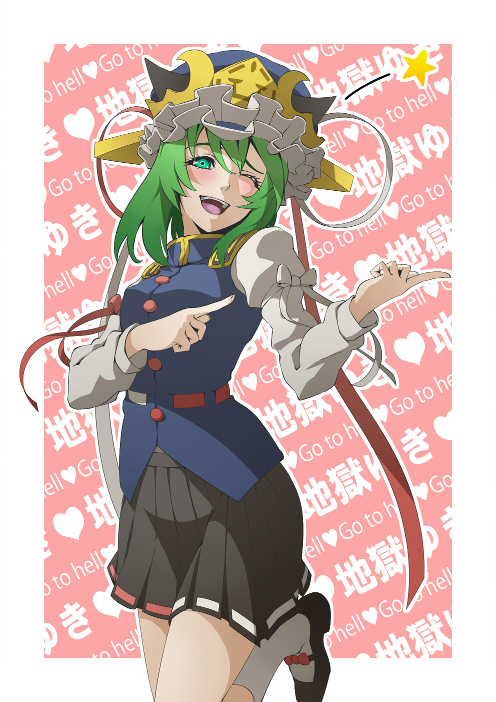 1girl, ;d, bisuke_(k_step2009), blush, green_eyes, green_hair, hat, heart