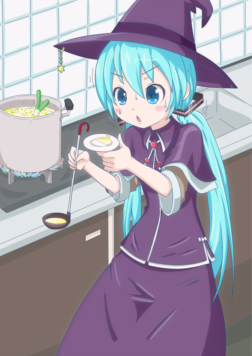 1girl, aqua_eyes, aqua_hair, blush, hat, hatsune_miku, ladle, long_hair