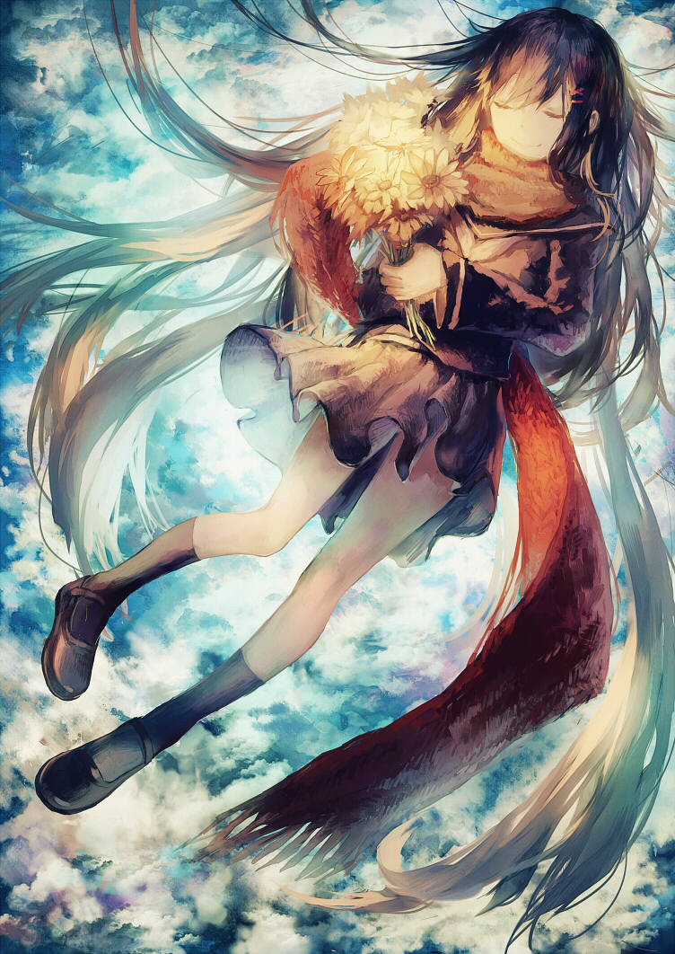 1girl, ayano_(kagerou_project), black_hair, bouquet, closed_eyes, flower, hair_ornament, hairclip, kagerou_project, leclle, long_hair, scarf, school_uniform, sky, smile