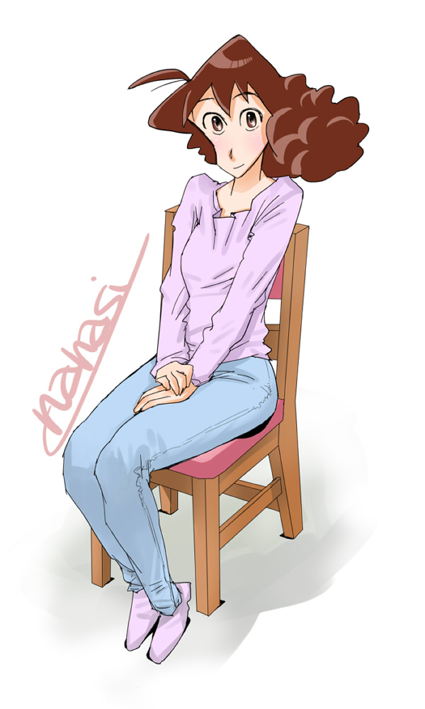 1girl, ahoge, brown_eyes, brown_hair, chair, crayon_shin-chan, long_hair, nanasi-nanasi