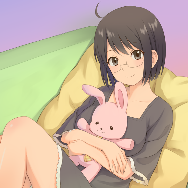 1girl, ahoge, collarbone, couch, glasses, grey_eyes, grey_hair, kuro_(chrono)