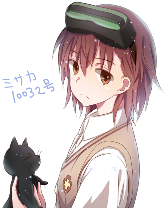 1girl, brown_eyes, brown_hair, cat, head_mounted_display, misaka_imouto, saya_(ccmkk54), school_uniform, solo, to_aru_kagaku_no_railgun, to_aru_majutsu_no_index