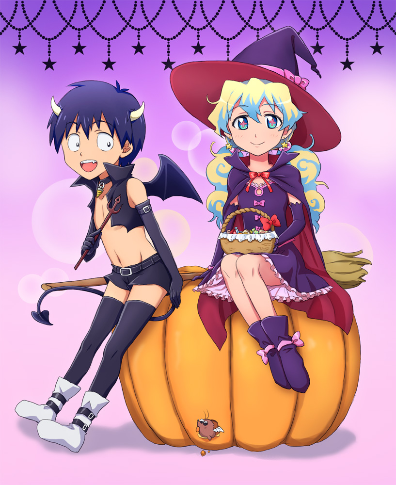 +_+, 1boy, 1girl, black_legwear, blue_hair, blush, boota, cape