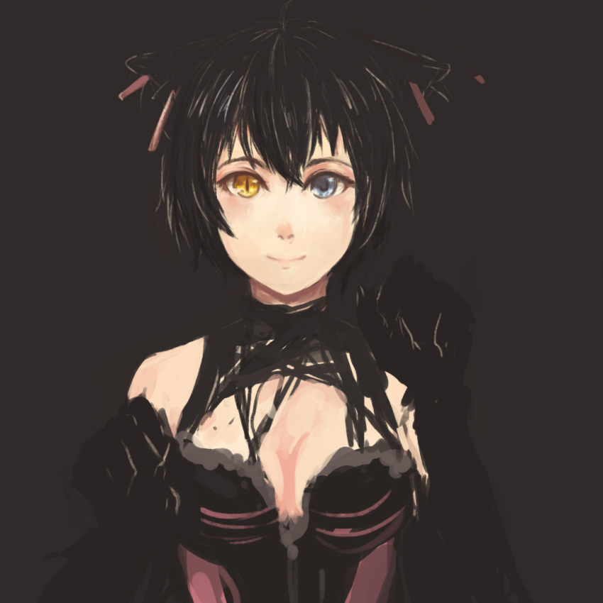 1girl, animal_ears, anonymous_drawfag, ati, bare_shoulders, blue_eyes, breasts, bust, cat_ears, cleavage, heterochromia, sekien_no_inganock, short_hair, slit_pupils, smile, solo, yellow_eyes