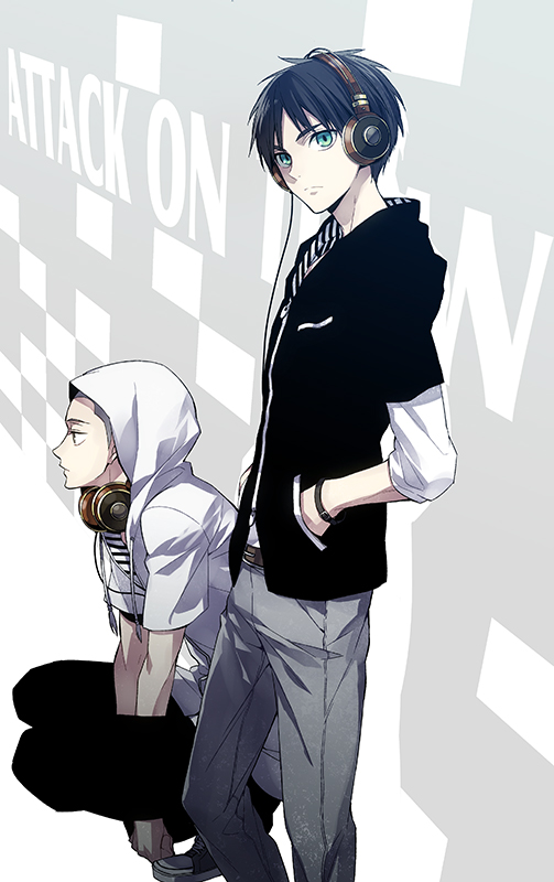 2boys, belt, black_hair, conny_springer, eren_jaeger, green_eyes, headphones, hoodie