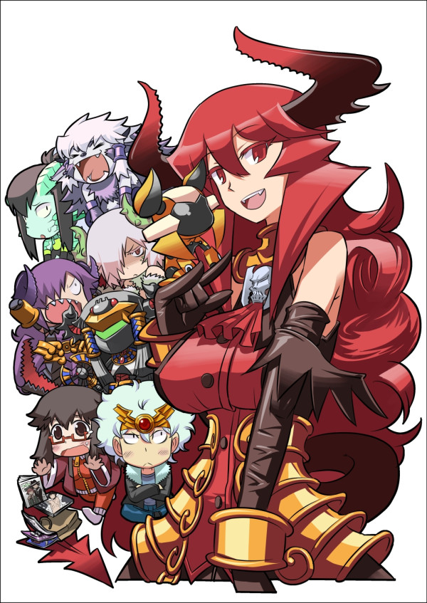 1boy, 6+girls, \m/, armor, armored_dress, black_gloves, blue_hair, breasts
