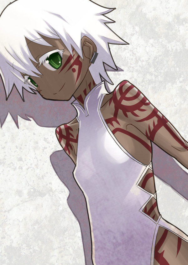 1girl, bare_shoulders, dark_skin, dress, ear_piercing, eyelashes, facial_tattoo, flat_chest