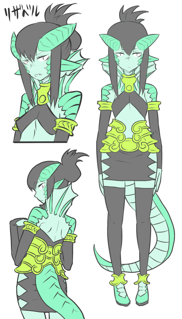 1girl, armor, armored_dress, black_hair, bridal_gauntlets, character_sheet, dragon_girl, dragon_horns, dragon_tail, fins, flat_color, from_behind, half_updo, horns, matsuda_yuusuke, monster_girl, nise_maou_rizaberu, original, pointy_ears, scales, skirt, small_breasts, solo, tail, thigh-highs, yuusha_to_maou, zettai_ryouiki