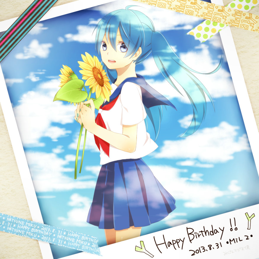 1girl, 2013, aqua_hair, blue_eyes, character_name, dated, flower, happy_birthday