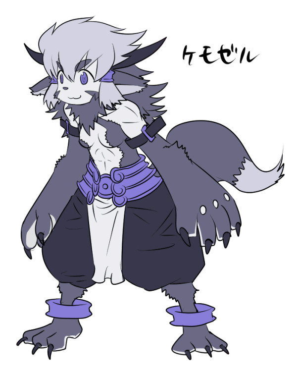 1girl, :3, abs, animal_ears, anklet, arm_strap, armor, baggy_pants, barefoot, black_hair, claws, furry, hair_tubes, jewelry, loincloth, long_hair, matsuda_yuusuke, multicolored_hair, navel, nise_maou_rizaberu, no_nipples, original, oversize_forearms, small_breasts, solo, tail, topless, two-tone_hair, violet_eyes, white_hair, wolf_ears, wolf_tail, yuusha_to_maou