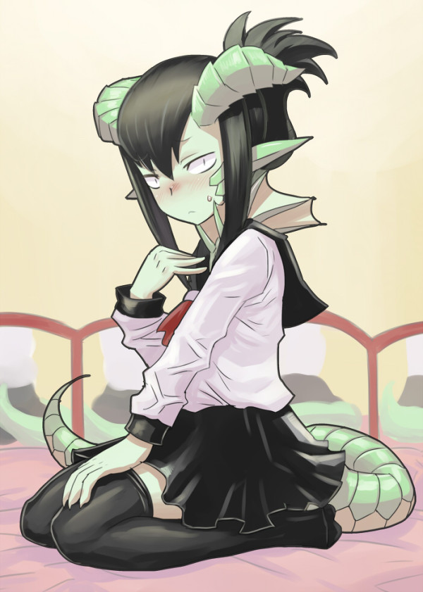 1girl, black_hair, black_legwear, blush, dragon_girl, dragon_tail, fins, green_skin, half_updo, long_hair, matsuda_yuusuke, monster_girl, nise_maou_rizaberu, original, payot, scales, school_uniform, seiza, serafuku, sitting, solo, sweatdrop, tail, thigh-highs, yuusha_to_maou, zettai_ryouiki