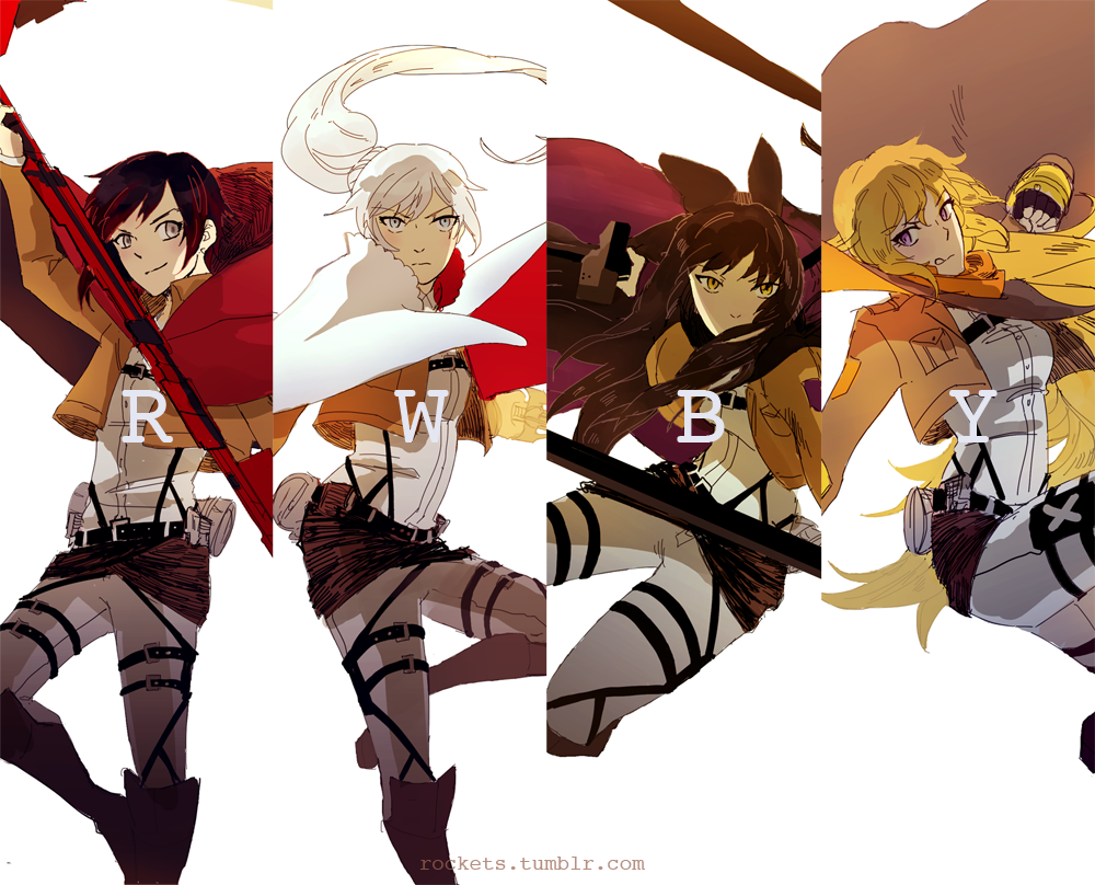 :q, black_hair, blake_belladonna, blonde_hair, boots, bow, cape, cosplay, gauntlets, gloves, hair_bow, hakuku, jacket, kama_(weapon), long_hair, ponytail, rapier, redhead, ruby_rose, rwby, scar, scythe, shingeki_no_kyojin, short_hair, sickle, sword, thigh_strap, three-dimensional_maneuver_gear, tongue, uniform, violet_eyes, watermark, weapon, web_address, weiss_schnee, white_background, white_hair, yang_xiao_long, yellow_eyes