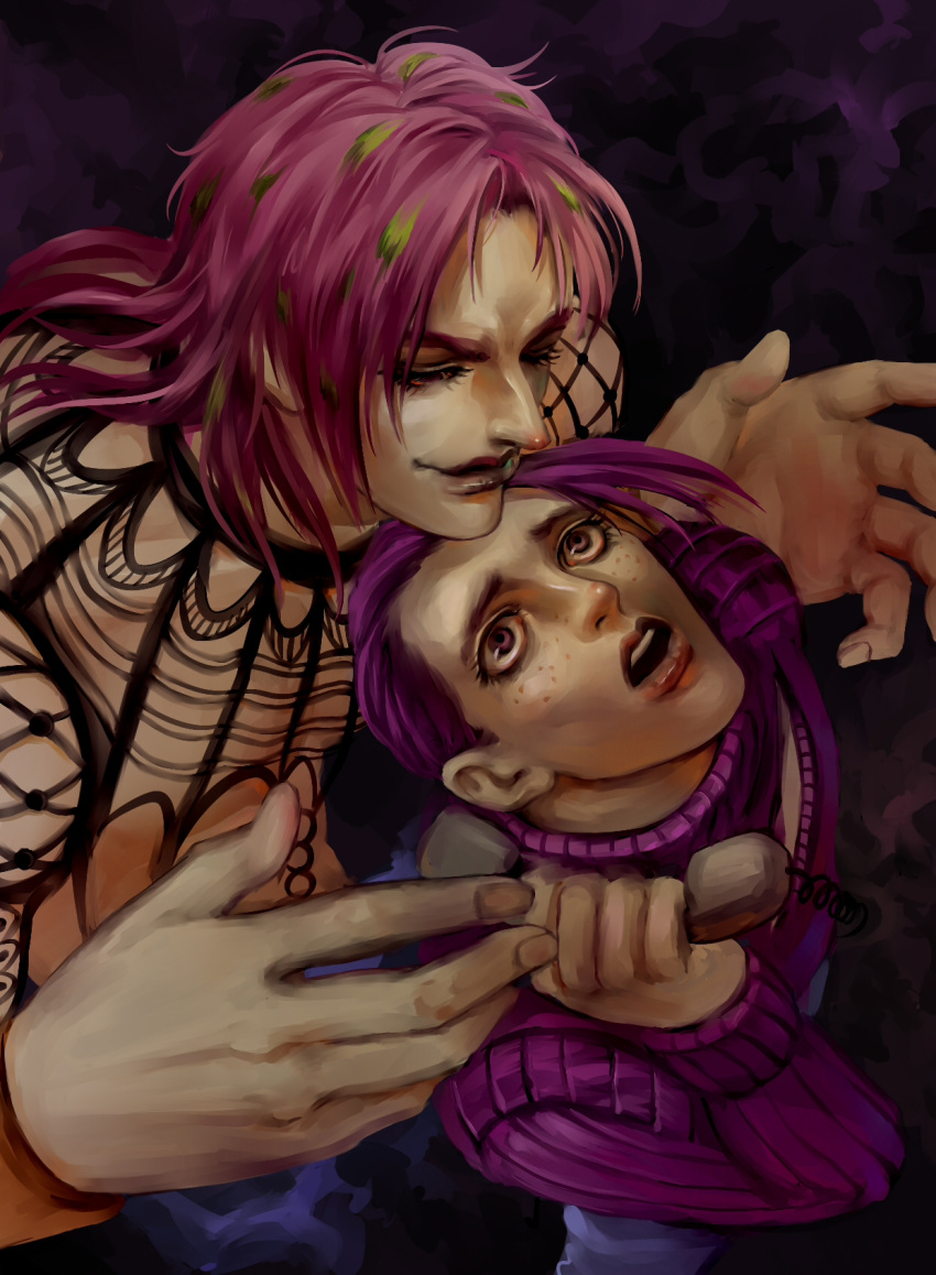 2boys, diavolo, freckles, highres, jojo_no_kimyou_na_bouken, kilva_lollop, lipstick, long_hair