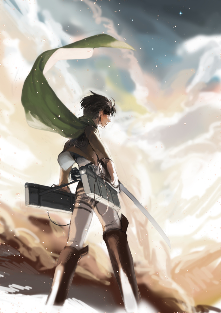 1boy, ascot, black_hair, boots, cape, dual_wielding, highres, jacket