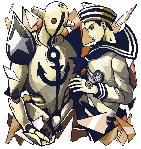 2boys, anchor, broken_glass, dixie_cup_hat, glass, harumachi_(natutaka), higashikata_jousuke_(jojolion), jojo_no_kimyou_na_bouken