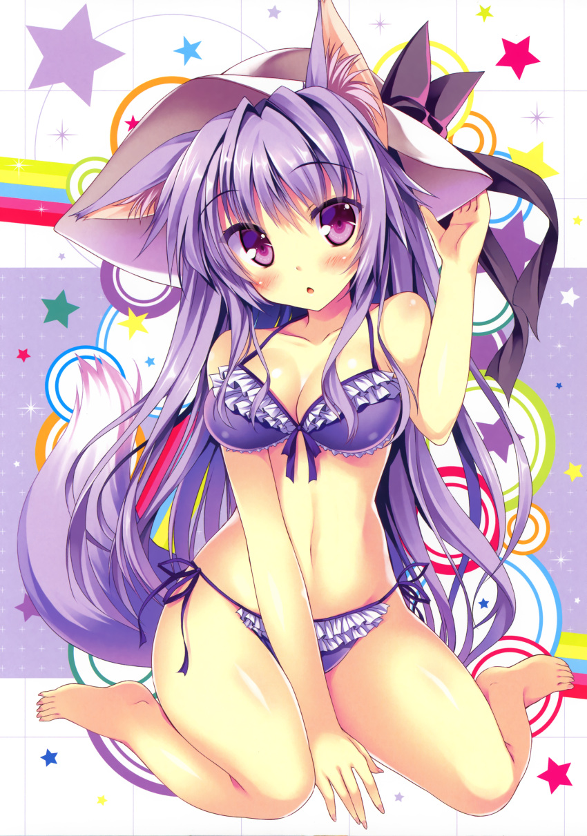 1girl, absurdres, animal_ears, arm_support, bare_shoulders, barefoot, bikini, blush