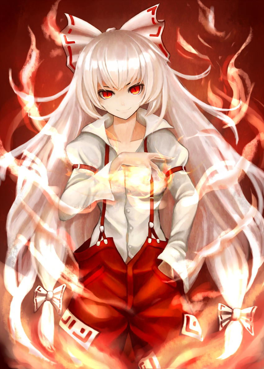1girl, fire, fujiwara_no_mokou, highres, long_hair, red_eyes, ribbon, sashimi_(adam026)
