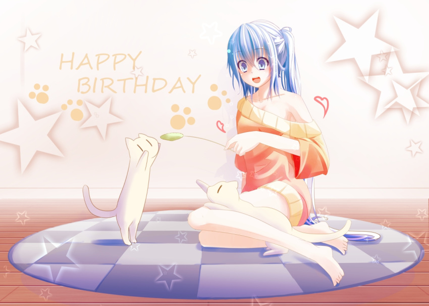 1girl, blue_eyes, blue_hair, cat, happy_birthday, hatsune_miku, kironxx, long_hair