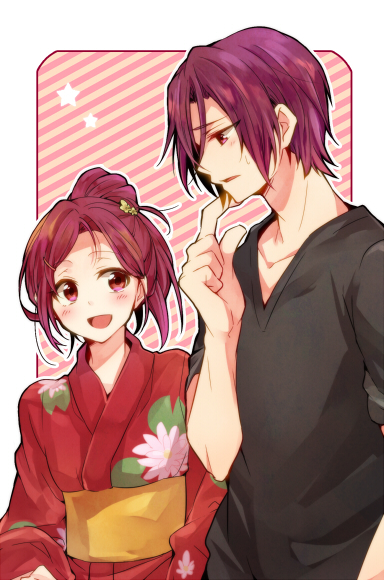 1boy, 1girl, brother_and_sister, casual, free!, japanese_clothes, kimono, long_hair