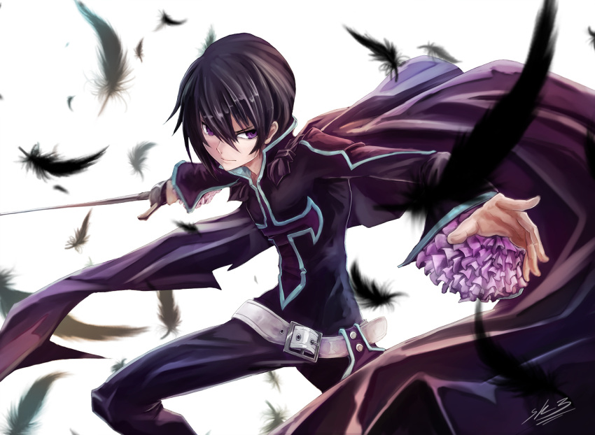 1boy, belt, black_hair, cape, feathers, judas, male, pants