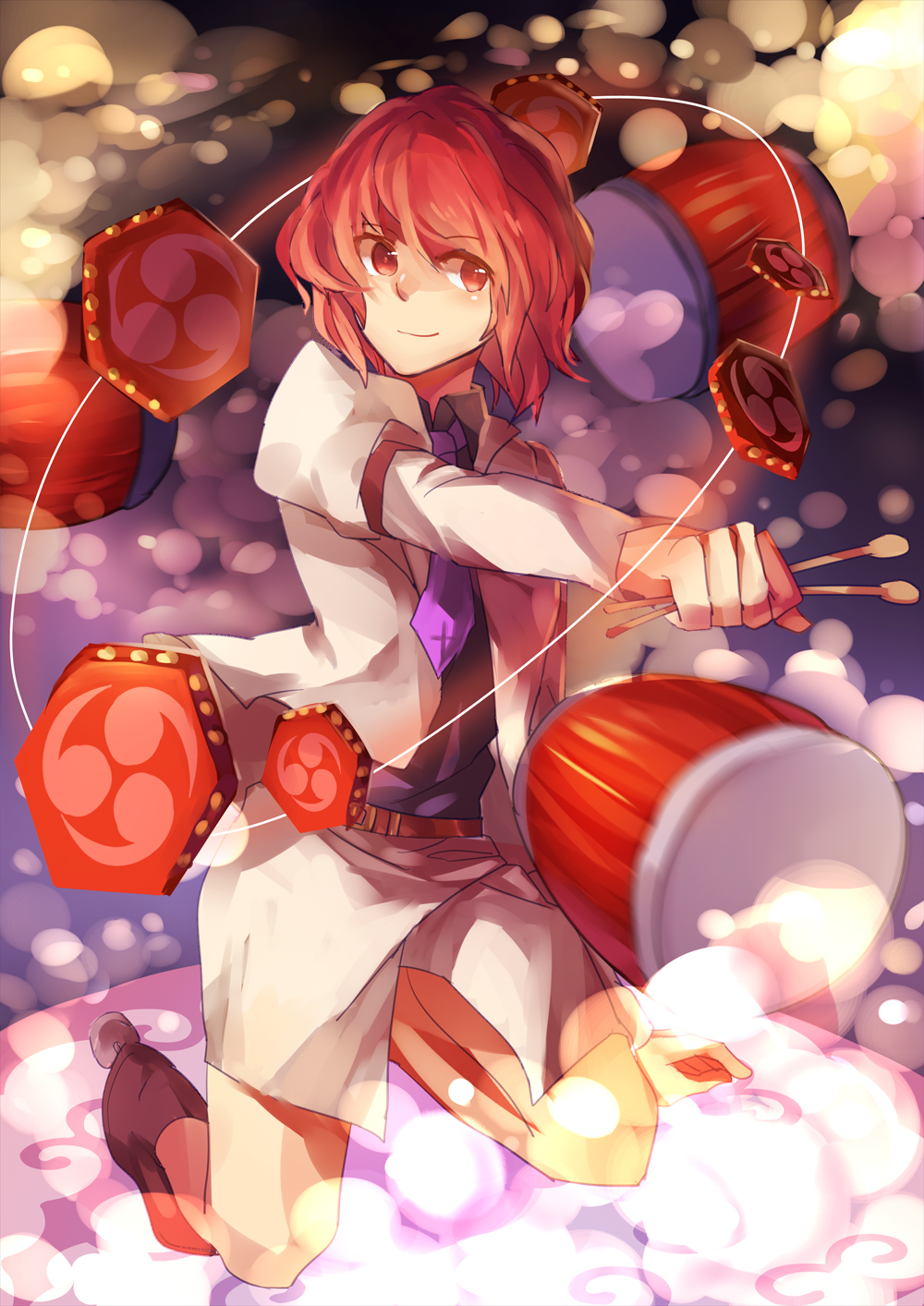 1girl, drum, drumsticks, formal, grin, highres, horikawa_raiko, instrument