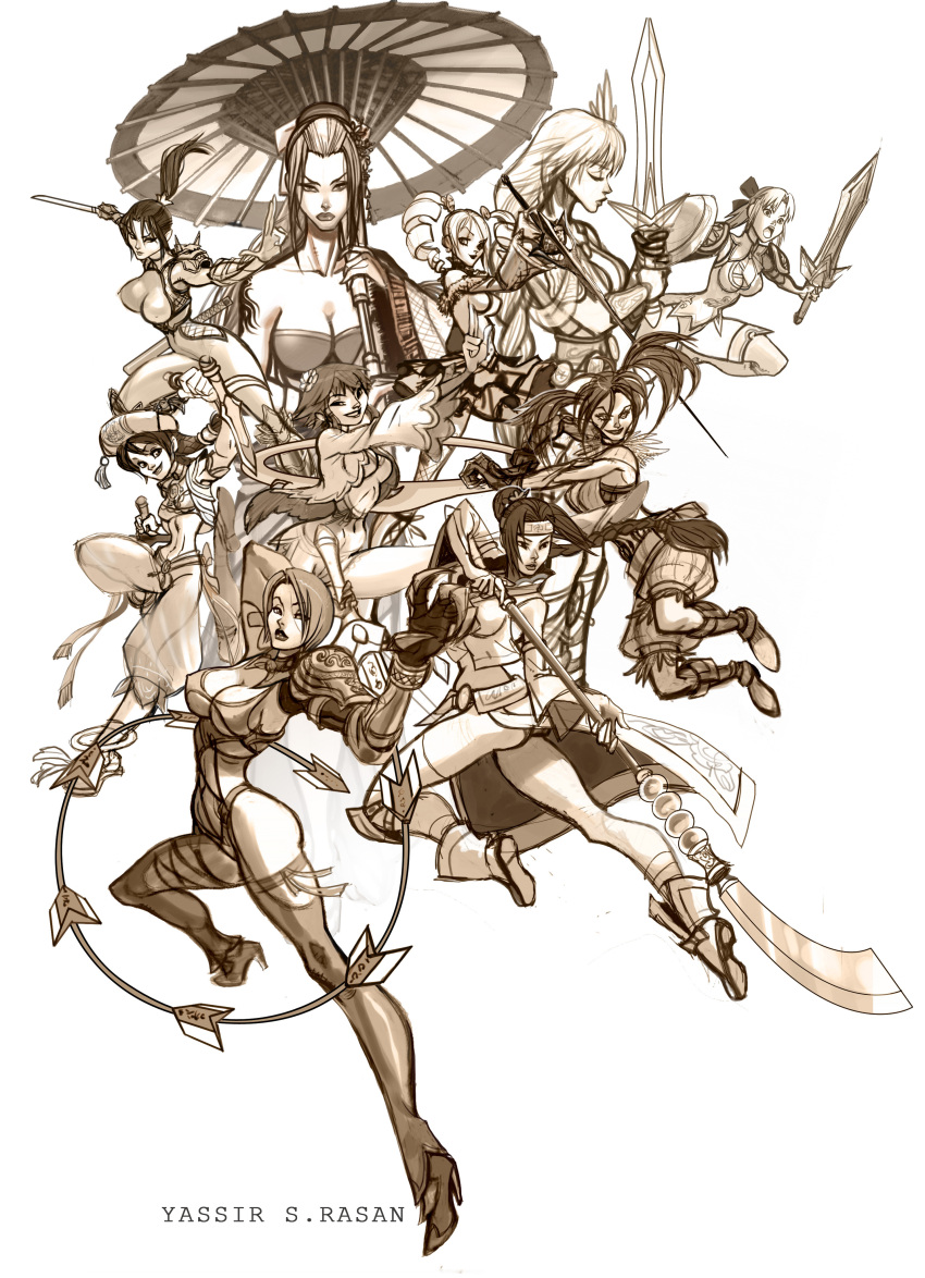 6+girls, absurdres, amy_sorel, arm_blade, boots, breasts, brown, cassandra_alexandra