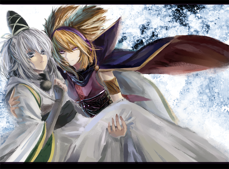 2girls, cape, carrying, hat, japanese_clothes, letterboxed, mononobe_no_futo, multiple_girls, ponytail, princess_carry, short_hair, tate_eboshi, touhou, toyosatomimi_no_miko, ubw-emiya