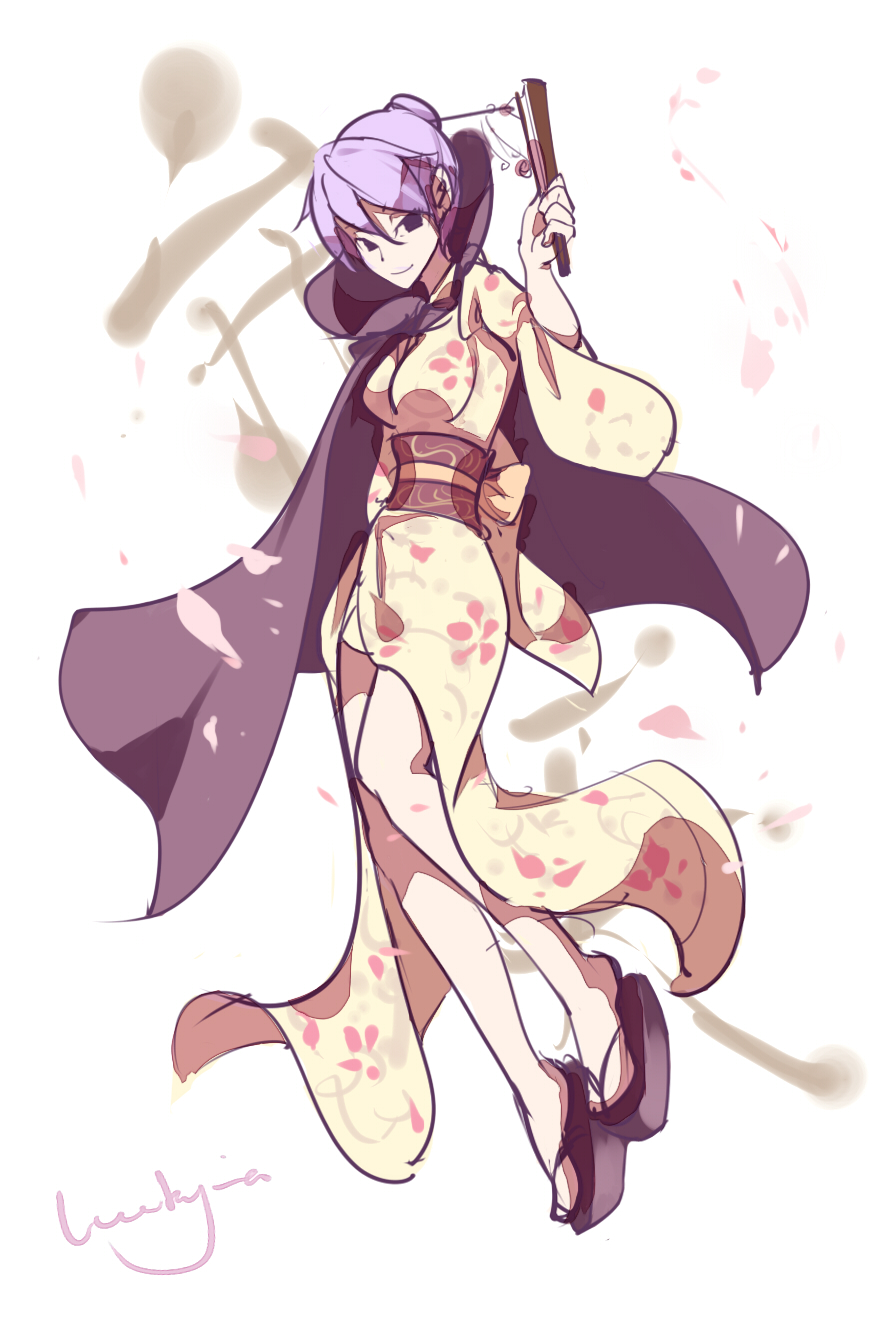 1girl, benten-sama_(uchouten_kazoku), cherry_blossoms, cloak, fan, hair_bun, hair_ornament, hairpin