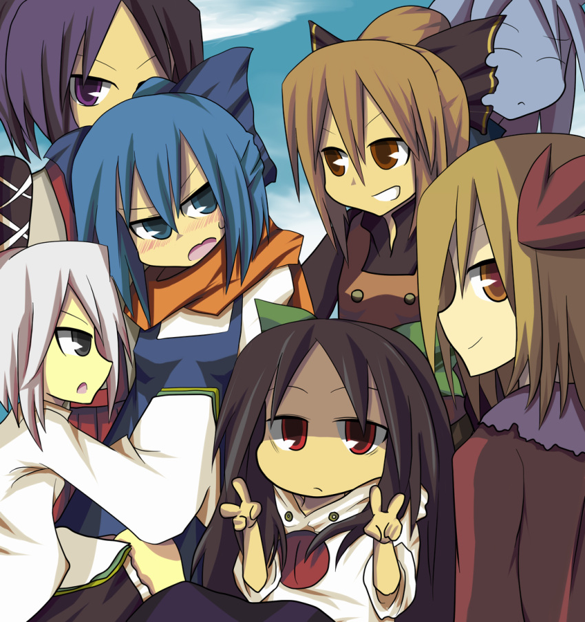 6+girls, aki_shizuha, black_eyes, black_hair, blonde_hair, blue_eyes, blue_hair, blush, bow, brown_eyes, child, cirno, cirno-nee, closed_eyes, dress, expressionless, grey_hair, ground, hair_bow, hair_ornament, hair_ribbon, hat, japanese_clothes, kurodani_yamame, long_hair, looking_at_viewer, meira, mononobe_no_futo, multiple_girls, orange_eyes, ponytail, purple_hair, red_eyes, reiuji_utsuho, ribbon, riicha, sariel, scarf, short_hair, skirt, smile, third_eye, touhou, touhou_(pc-98), v, violet_eyes, young