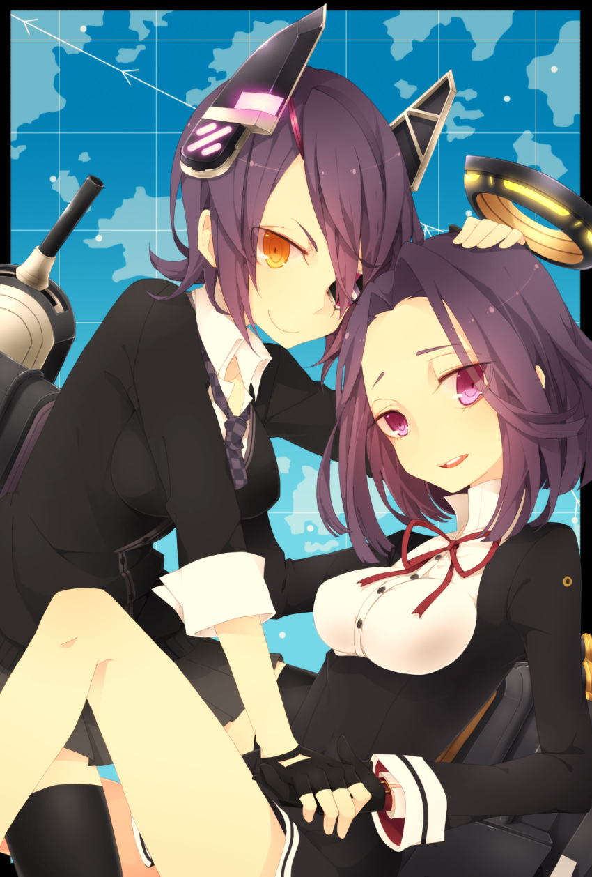 2girls, eyepatch, fingerless_gloves, gloves, headgear, highres, holding_hands, kantai_collection