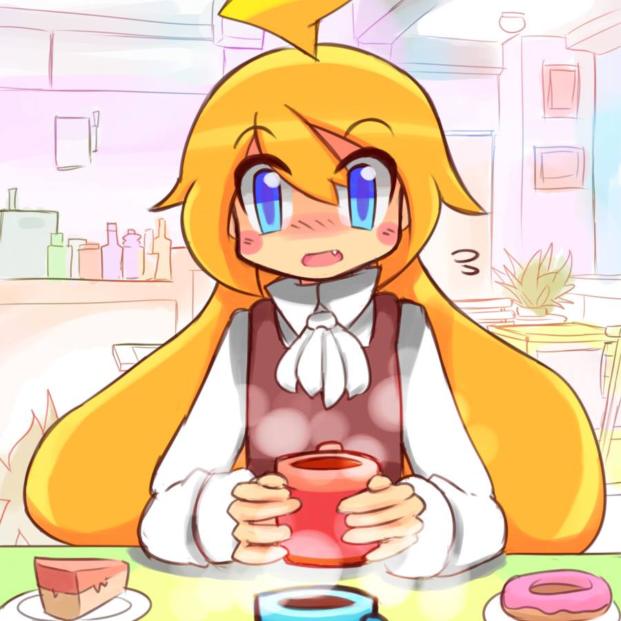 1boy, ahoge, androgynous, bleuzer, blonde_hair, blue_eyes, blush, cafe, cake, cup, doughnut, fang, food, long_hair, milky_(bleuzer), mug, no_nose, open_mouth, original, solo, twintails