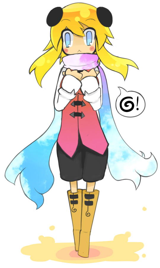 1girl, :<, bleuzer, blonde_hair, blue_eyes, blush_stickers, boots, knee_boots, meili_(bleuzer), original, panda_ears, scarf, short_twintails, shorts, solo, squiggle, twintails