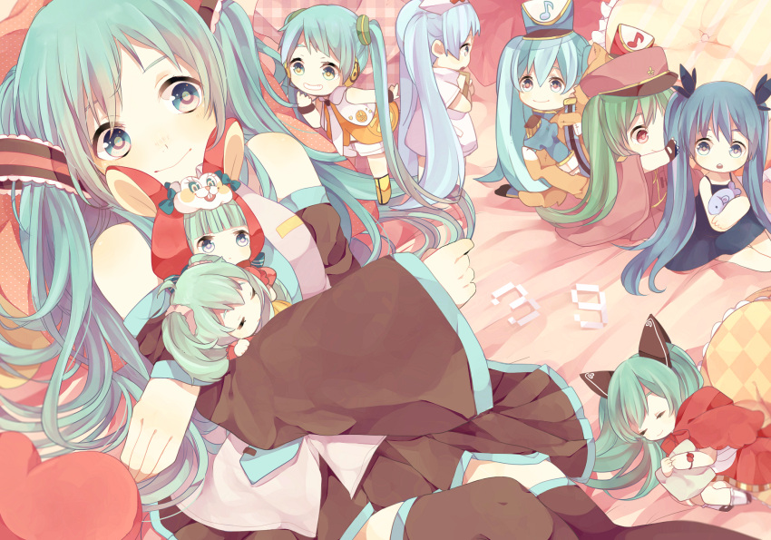 6+girls, aqua_eyes, aqua_hair, bad_end_night_(vocaloid), blue_eyes, blue_hair, chibi, detached_sleeves