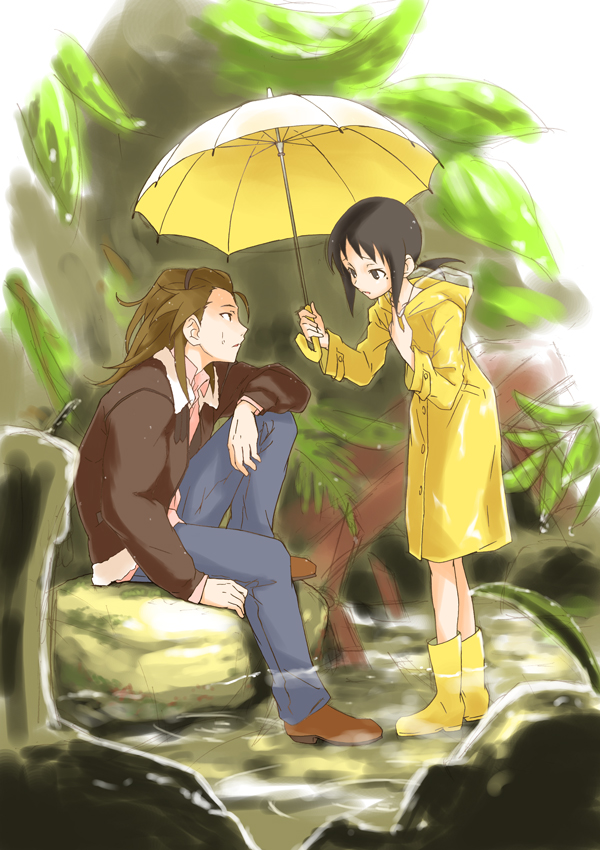 1boy, 1girl, black_hair, boots, brown_eyes, brown_hair, candle, creator_connection